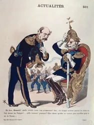 „Ach dobrze, Bismarcku! O jakim zwycięstwie przyszedłeś mi powiedzieć ...”, karykatura cesarza Wilhelma (1797-1888) Pruskiego i Ottona von Bismarcka (1815-98), pruskiego kanclerza, ok. 1870